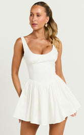 Helga Mini Dress - Low Scoop Neck Fit and Flare Dress in Ivory